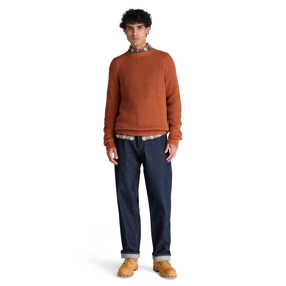 TIMBERLAND</br>Timberland Cotton Blend Raglan Sleeve Crewneck Sweater 0YHAW-ALF Ανδρικό Πουλόβερ Κεραμιδί TIMBERLAND</br>Timberland Cotton Blend Raglan Sleeve Crewneck Sweater 0YHAW-ALF Ανδρικό Πουλόβερ Κεραμιδί