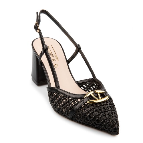 Γυναικείες Slingback Γόβες Μαύρο Δέρμα Πλεχτό 517-67 FM