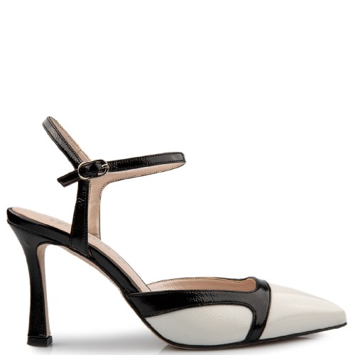 Γυναικείες Slingback Γόβες Λευκό/Μαύρο Λουστρίνι 749-43 FM