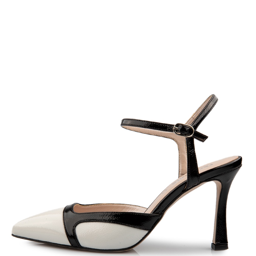 FM</br>Γυναικείες Slingback Γόβες Λευκό/Μαύρο Λουστρίνι 749-43 FM FM</br>Γυναικείες Slingback Γόβες Λευκό/Μαύρο Λουστρίνι 749-43 FM