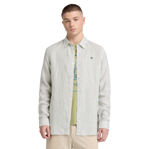 Timberland LS Mill Brook Striped Linen Shirt Regular A44AF-A7C Ανδρικό Πουκάμισο Χακί/Εκρού Ριγέ Λινό