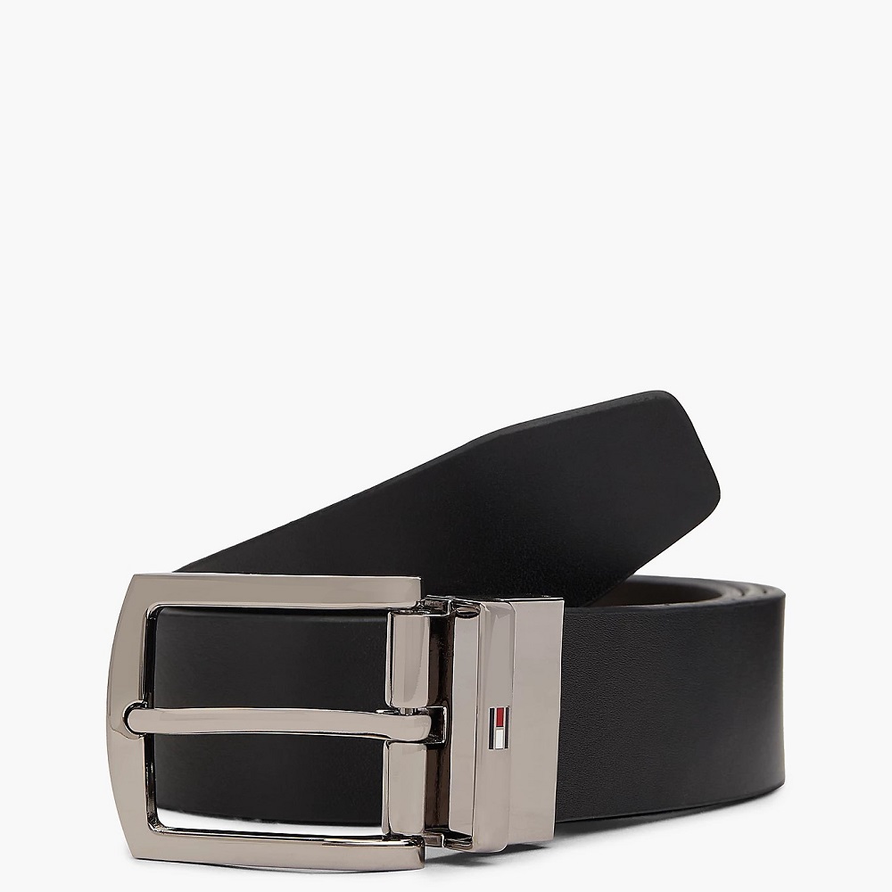 TOMMY HILFIGER</br>Tommy Hilfiger Flag Rectangular Buckle Reversible Leather Belt AM0AM13012-0HD Ανδρική Ζώνη Διπλής Όψεως Καφέ/Μαύρο Δέρμα