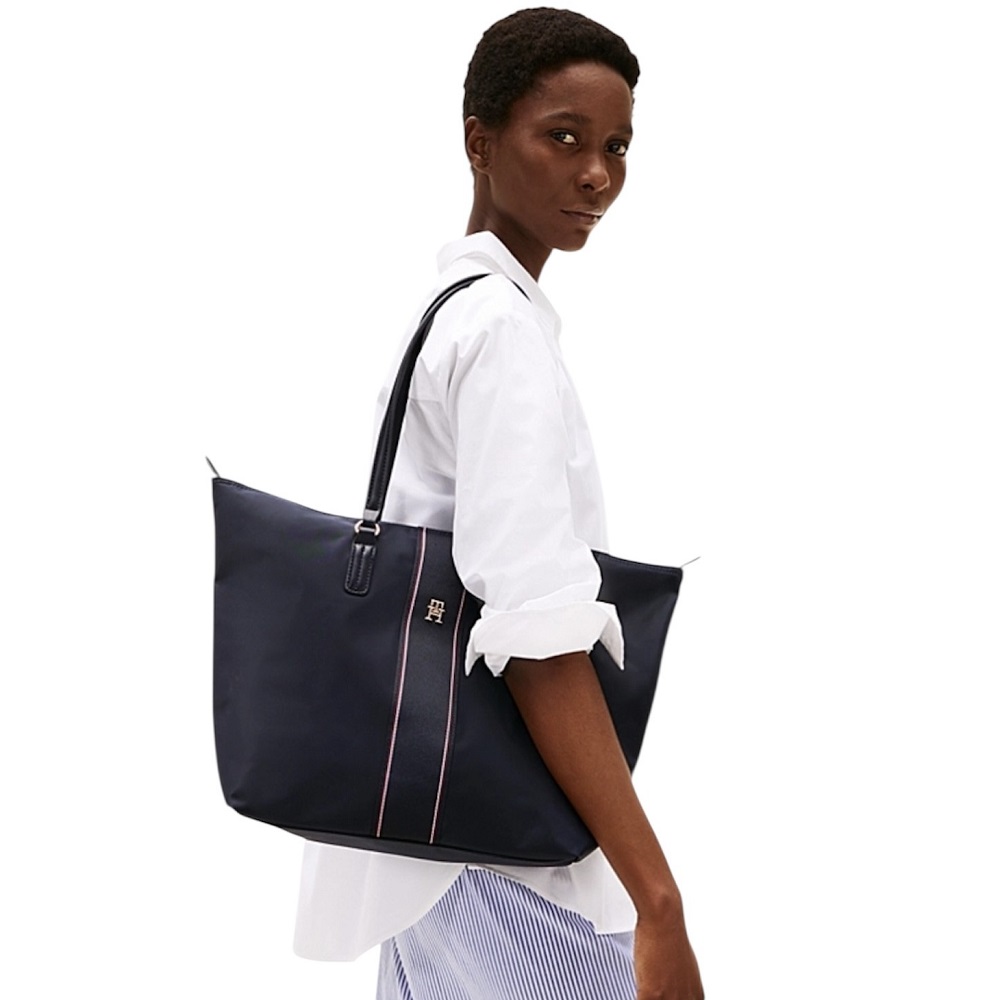 TOMMY HILFIGER</br>Γυναικεία Τσάντα Ώμου Μπλε Poppy Tote Corporate AW0AW17205-DW6 Tommy Hilfiger