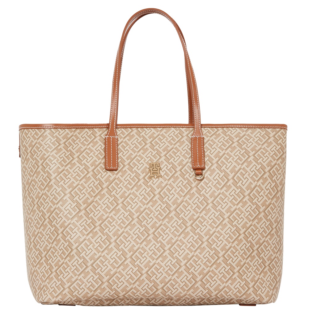 TOMMY HILFIGER</br>Γυναικεία Τσάντα Ώμου Μπεζ/Ταμπά Th Monoplay Leather Tote AW0AW17416-RBT Tommy Hilfiger