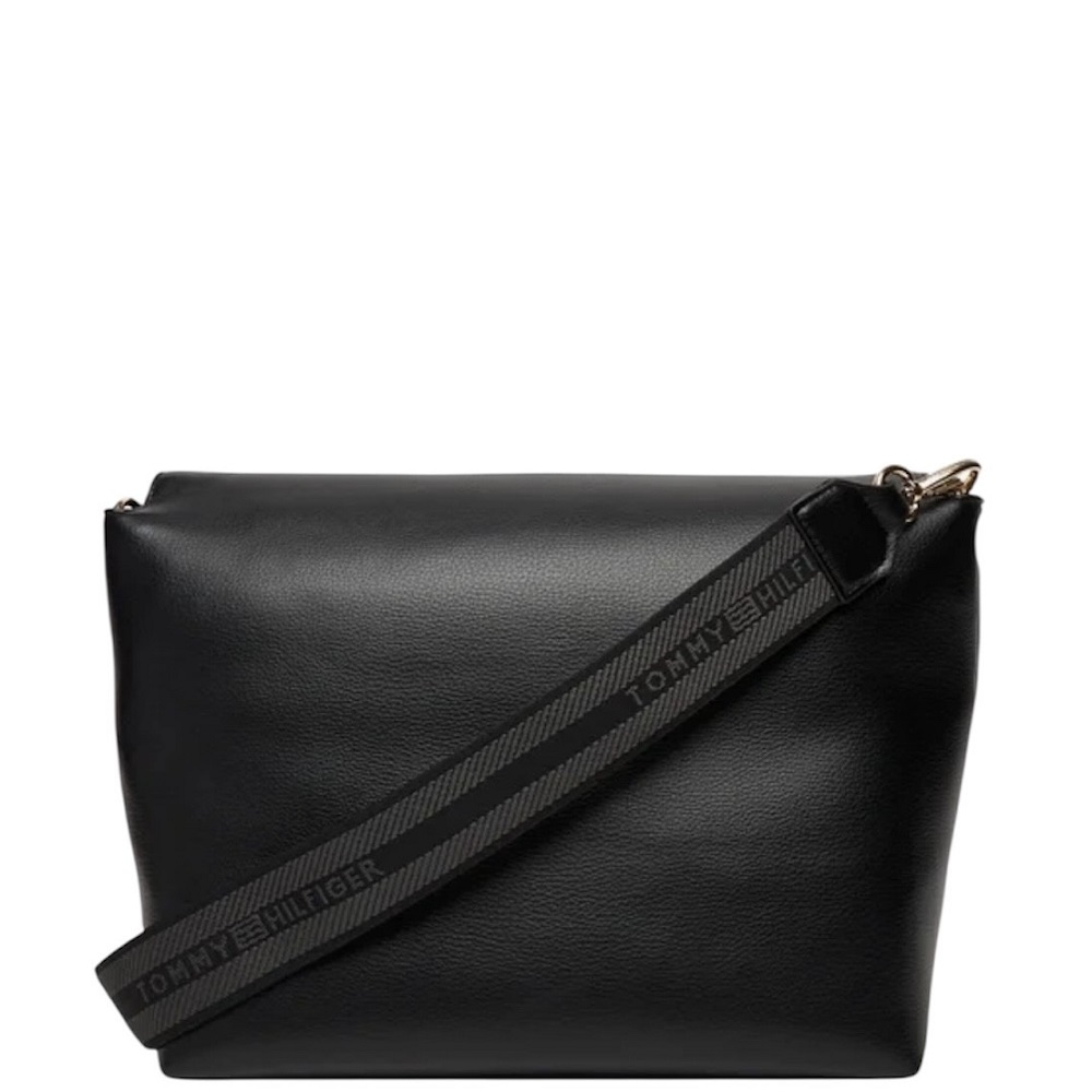 TOMMY HILFIGER</br>Γυναικεία Τσάντα Χιαστή Μαύρο Th Logotape Med Crossover AW0AW17692-BDS Tommy Hilfiger