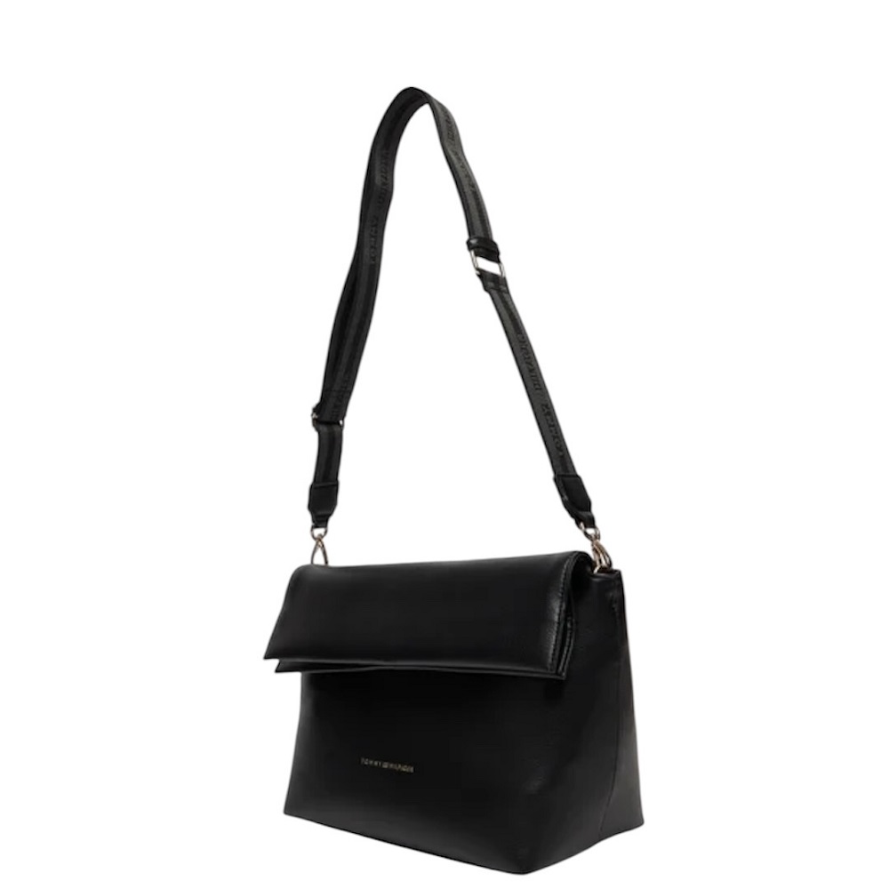 TOMMY HILFIGER</br>Γυναικεία Τσάντα Χιαστή Μαύρο Th Logotape Med Crossover AW0AW17692-BDS Tommy Hilfiger