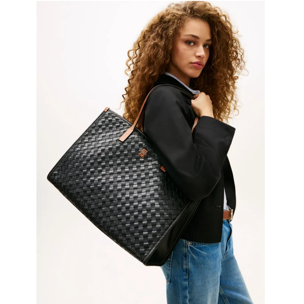 TOMMY HILFIGER</br>Tommy Hilfiger AW0AW18394-0GJ Γυναικεία Τσάντα Ώμου Th City Tote Μαύρο/Ταμπά