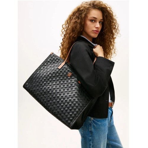 Tommy Hilfiger AW0AW18394-0GJ Γυναικεία Τσάντα Ώμου Th City Tote Μαύρο/Ταμπά