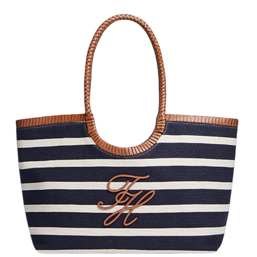 TOMMY HILFIGER</br>Tommy Hilfiger AW0AW18400-0GV Γυναικεία Τσάντα Ώμου Th Elev Summer Tote Stripe Μπλε/Ταμπά