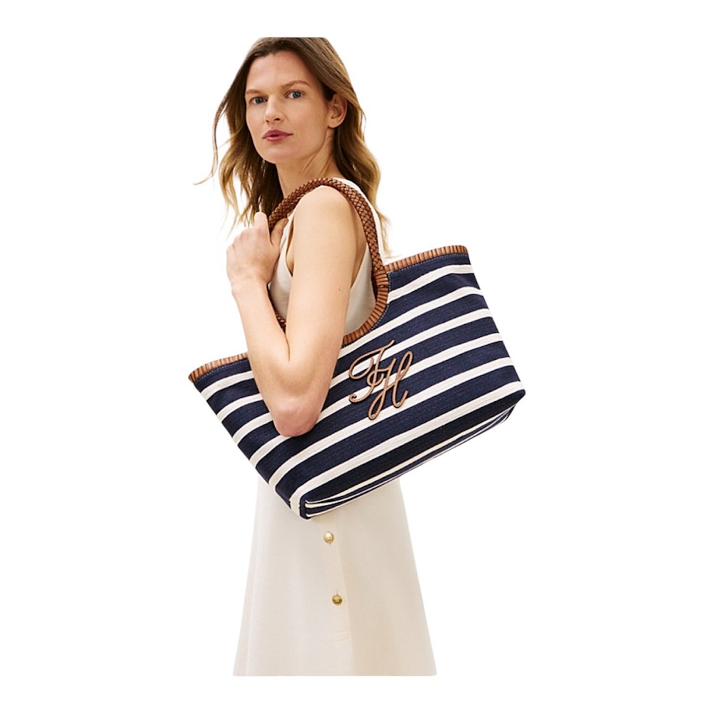 TOMMY HILFIGER</br>Tommy Hilfiger AW0AW18400-0GV Γυναικεία Τσάντα Ώμου Th Elev Summer Tote Stripe Μπλε/Ταμπά
