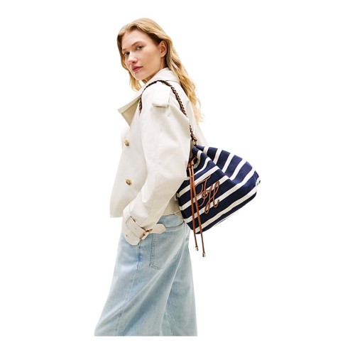 Tommy Hilfiger AW0AW18401-0GY Γυναικεία Τσάντα Ώμου Th Elev Summer Bucket Stripe Μπλε/Ταμπά