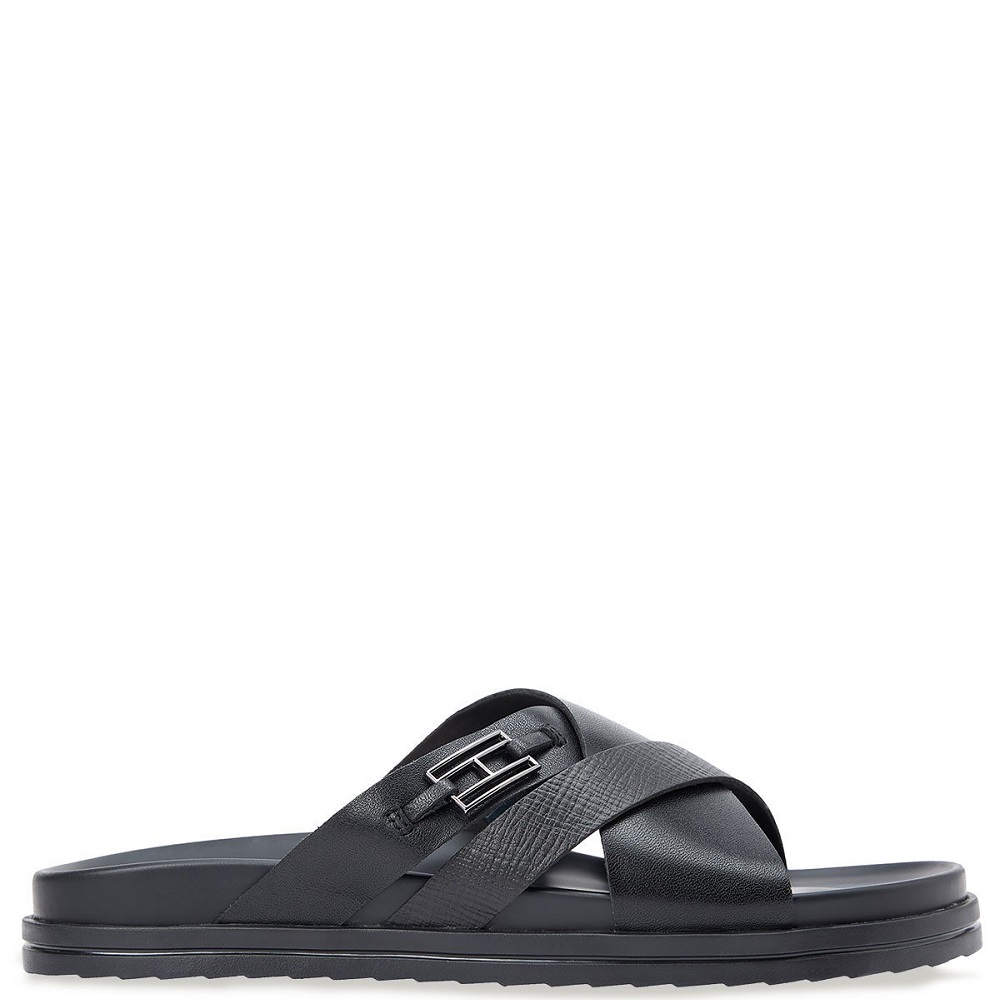 TOMMY HILFIGER</br>Tommy Hilfiger Flag Hardware Leather Sandal FM0FM05753-BDS Ανδρικές Παντόφλες Μαύρο Δέρμα