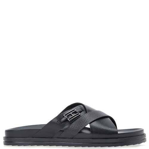 Tommy Hilfiger Flag Hardware Leather Sandal FM0FM05753-BDS Ανδρικές Παντόφλες Μαύρο Δέρμα