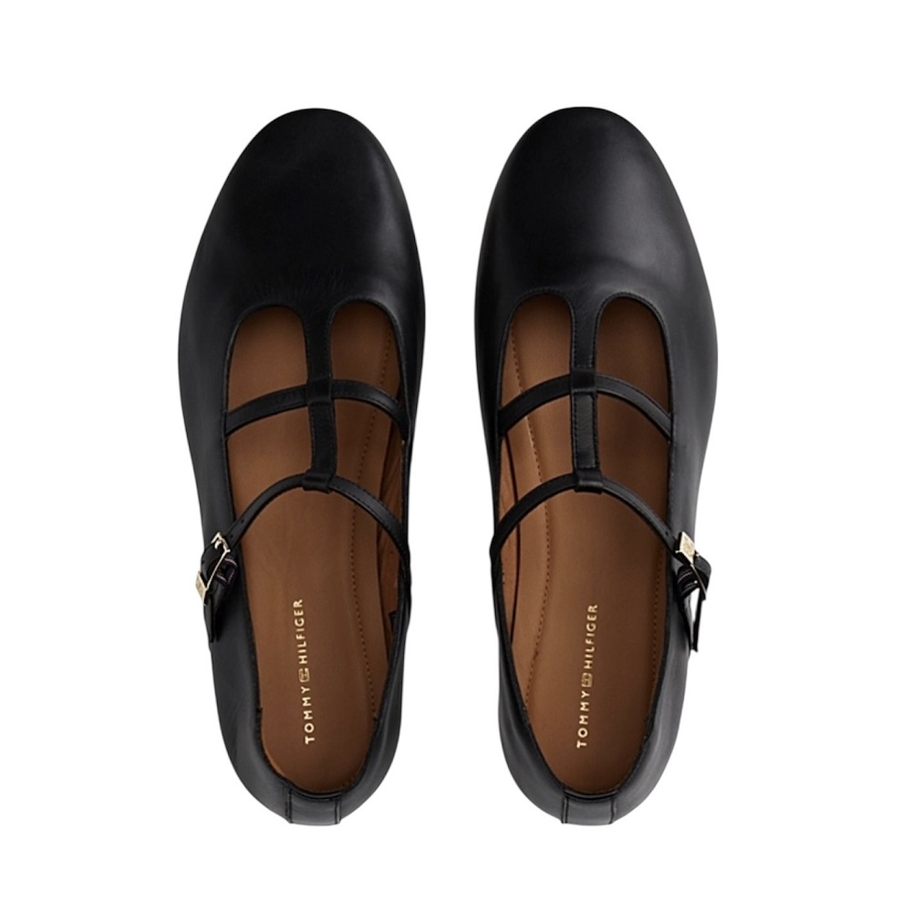 TOMMY HILFIGER</br>Γυναικείες Μπαλαρίνες Μαύρο Δέρμα Smooth Leather T-bar FW0FW09153-BDS Tommy Hilfiger