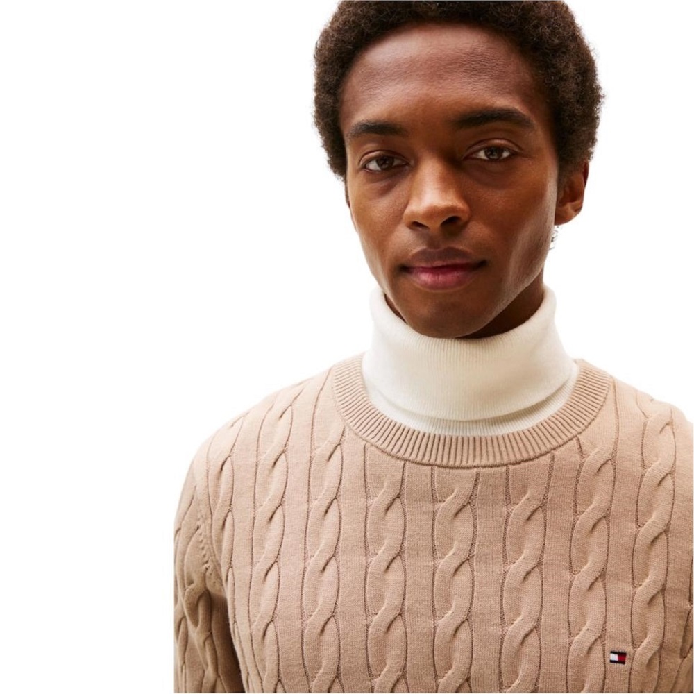 TOMMY HILFIGER</br>Tommy Hilfiger Classic Organic Cotton Cable Crewneck Sweater Relaxed Fit MW0MW33132-AFE Ανδρικό Πουλόβερ Με Cable Πλέξη Μπεζ