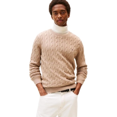 Tommy Hilfiger Classic Organic Cotton Cable Crewneck Sweater Relaxed Fit MW0MW33132-AFE Ανδρικό Πουλόβερ Με Cable Πλέξη Μπεζ