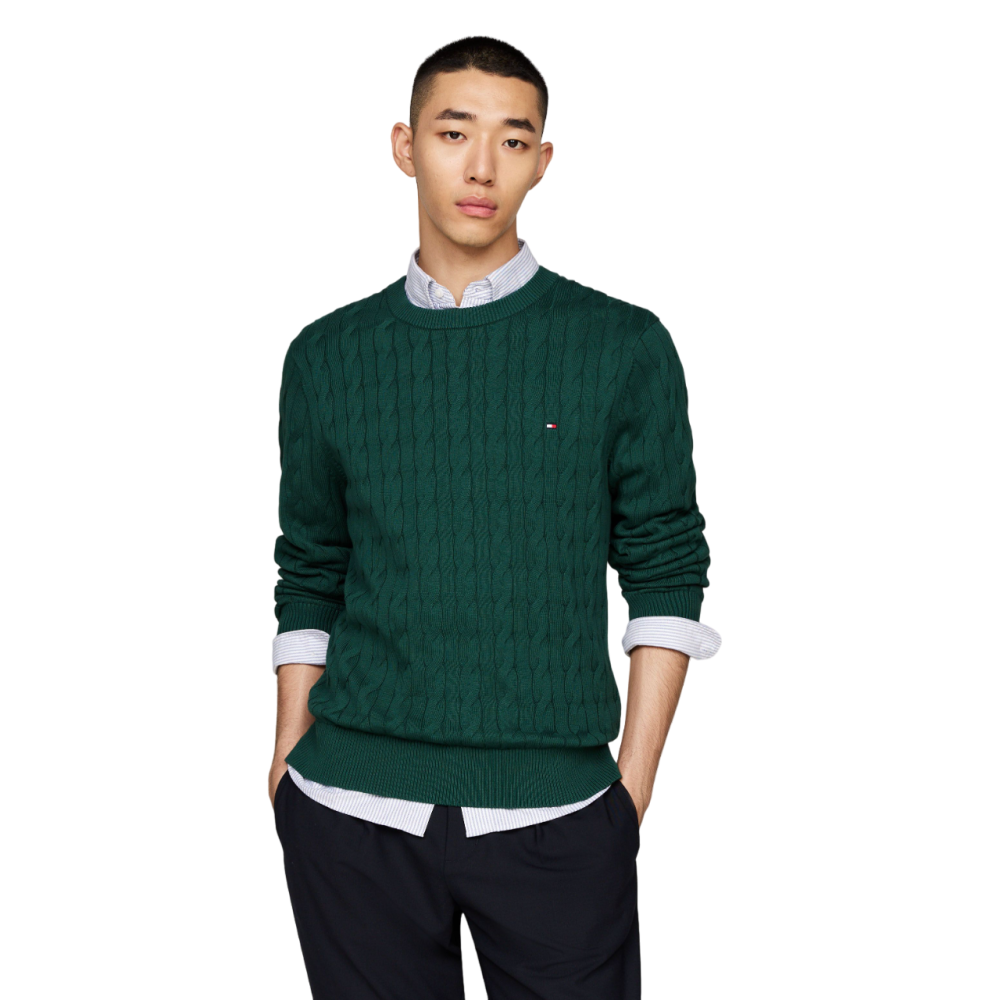 TOMMY HILFIGER</br>Ανδρικό Πουλόβερ Πράσινο Με Cable Πλέξη Crewneck Cotton MW0MW33132-LGK Tommy Hilfiger TOMMY HILFIGER</br>Ανδρικό Πουλόβερ Πράσινο Με Cable Πλέξη Crewneck Cotton MW0MW33132-LGK Tommy Hilfiger