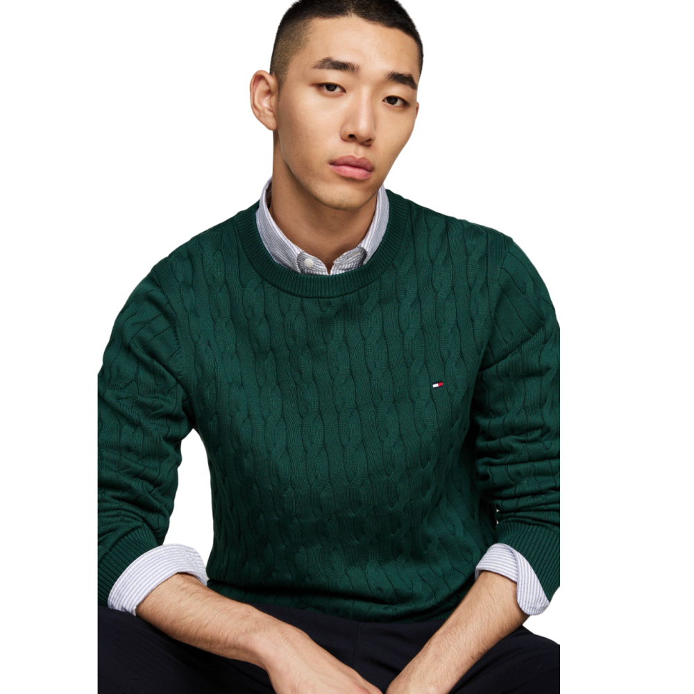 TOMMY HILFIGER</br>Ανδρικό Πουλόβερ Πράσινο Με Cable Πλέξη Crewneck Cotton MW0MW33132-LGK Tommy Hilfiger TOMMY HILFIGER</br>Ανδρικό Πουλόβερ Πράσινο Με Cable Πλέξη Crewneck Cotton MW0MW33132-LGK Tommy Hilfiger