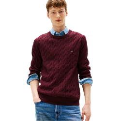 TOMMY HILFIGER</br>Tommy Hilfiger Classic Organic Cotton Cable Crewneck Sweater Relaxed Fit MW0MW33132-XIH Ανδρικό Πουλόβερ Με Cable Πλέξη Μπορντώ