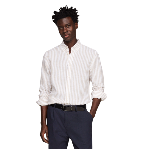 Tommy Hilfiger Striped Linen Regular Shirt MW0MW34646-0AA Ανδρικό Πουκάμισο Εκρού Λινό