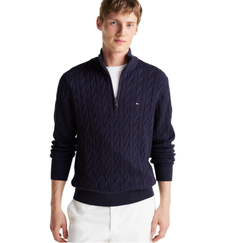 Ανδρικό Πουλόβερ Μπλε Με Cable Πλέξη 1/4 Zip Mock Cotton Regular MW0MW36532-DW5 Tommy Hilfiger