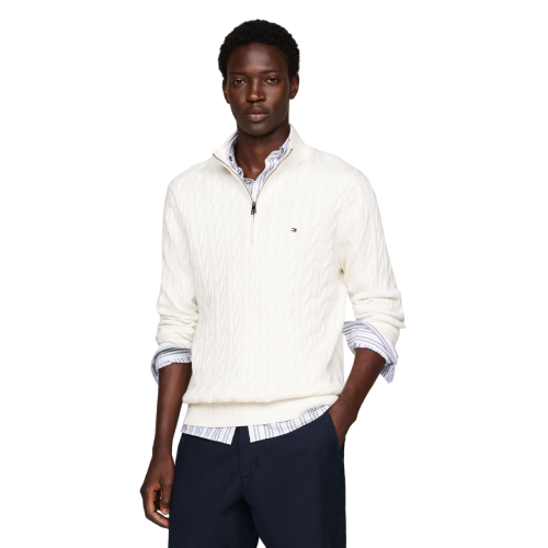 Ανδρικό Πουλόβερ Εκρού Με Cable Πλέξη 1/4 Zip Mock Cotton Regular MW0MW36532-YBI Tommy Hilfiger