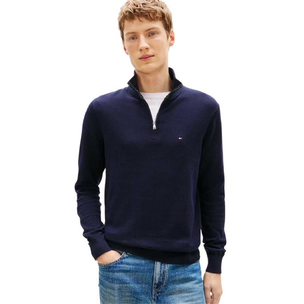 TOMMY HILFIGER</br>Tommy Hilfiger Essential Cotton 1/4 Zip Mock Regular MW0MW37331-DW5 Ανδρικό Πουλόβερ Μπλε