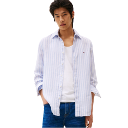 Ανδρικό Πουκάμισο Σιέλ/Λευκό Ριγέ Λινό Linen Essential Stripe Regular MW0MW38581-0A4 Tommy Hilfiger
