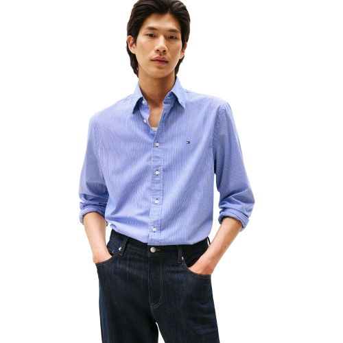 Tommy Hilfiger THFlex Poplin Micro Gingham Regular Fit Shirt MW0MW40457-0MS Ανδρικό Πουκάμισο Γαλάζιο