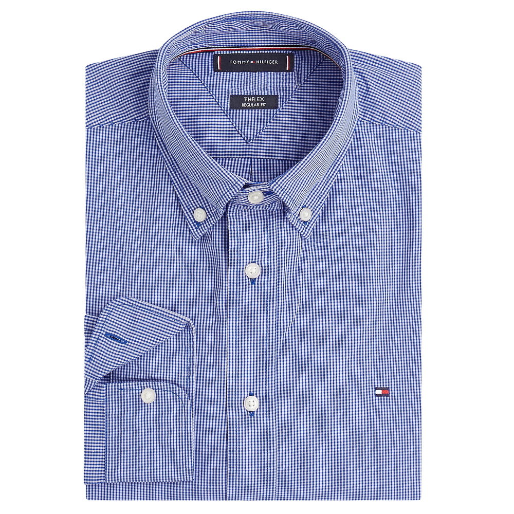TOMMY HILFIGER</br>Tommy Hilfiger THFlex Poplin Micro Gingham Regular Fit Shirt MW0MW40457-0MS Ανδρικό Πουκάμισο Γαλάζιο