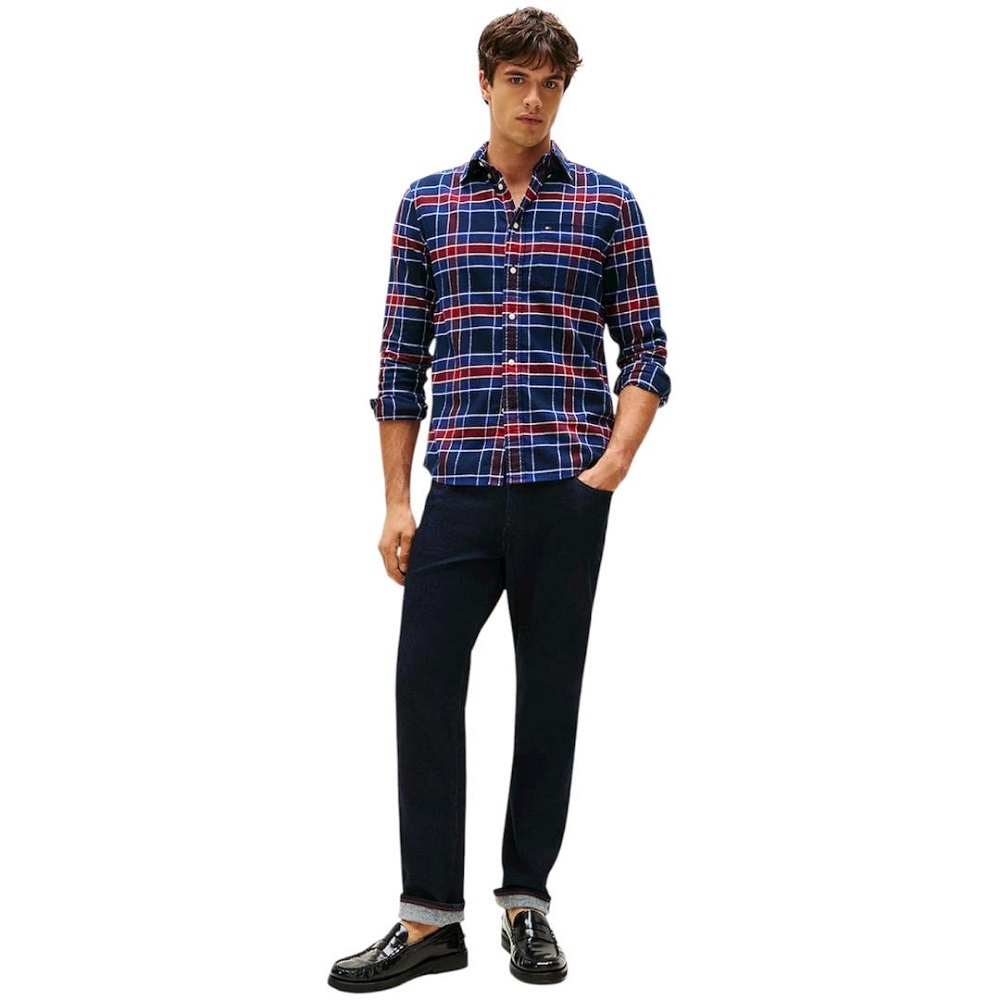 TOMMY HILFIGER</br>Tommy Hilfiger Hero Flannel Tartan Check Regular Fit Shirt MW0MW40473-0MS Ανδρικό Πουκάμισο Μπλε/Μπορντώ Καρό