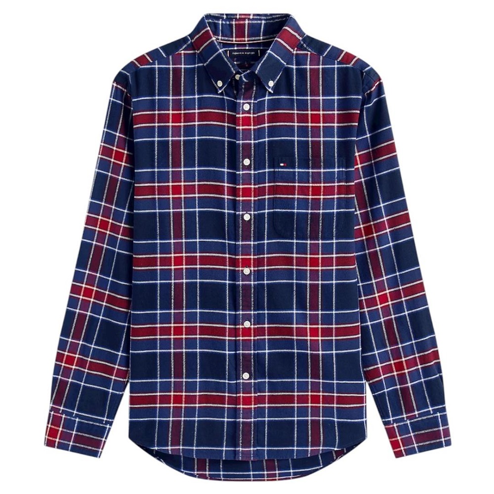 TOMMY HILFIGER</br>Tommy Hilfiger Hero Flannel Tartan Check Regular Fit Shirt MW0MW40473-0MS Ανδρικό Πουκάμισο Μπλε/Μπορντώ Καρό