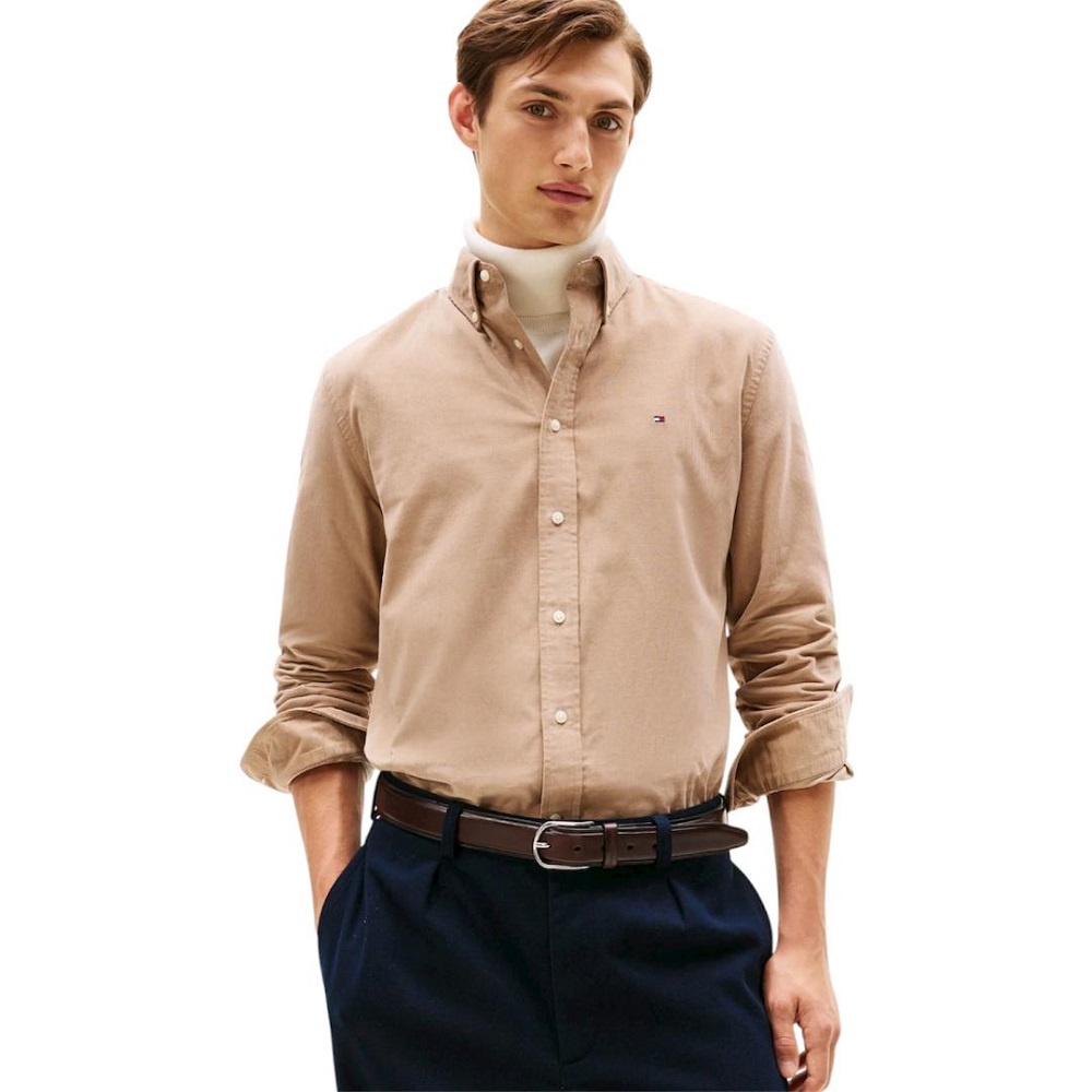 TOMMY HILFIGER</br>Tommy Hilfiger Solid Corduroy Regular Fit Shirt MW0MW40486-AFE Ανδρικό Πουκάμισο Κοτλέ Μπεζ