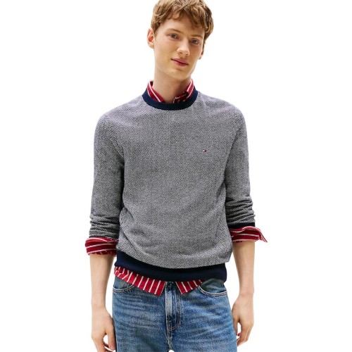 Tommy Hilfiger Pima Organic Cotton Cashmere Herringbone Knit Crewneck Sweater MW0MW41319-0A4 Ανδρικό Πουλόβερ Μπλε
