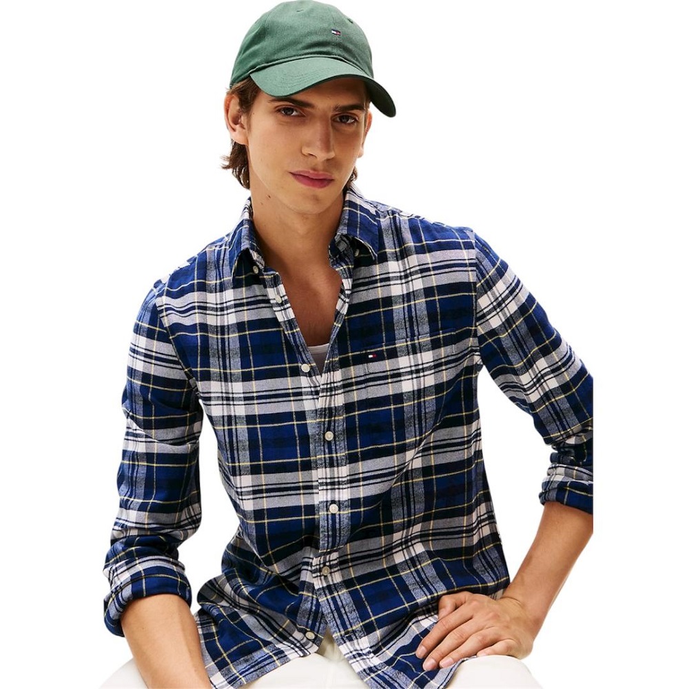 TOMMY HILFIGER</br>Tommy Hilfiger Hero Flannel Tartan Check Regular Fit Shirt MW0MW41345-0MS Ανδρικό Πουκάμισο Μπλε Καρό