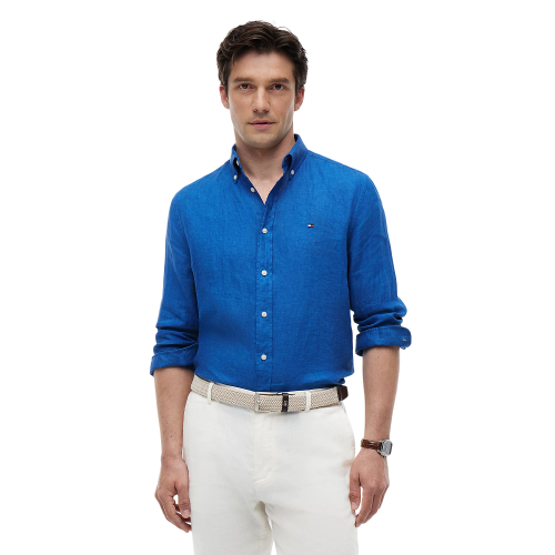 Tommy Hilfiger Pigment Dyed Solid Linen Regular Shirt MW0MW41530-C4U Ανδρικό Πουκάμισο Μπλε Λινό