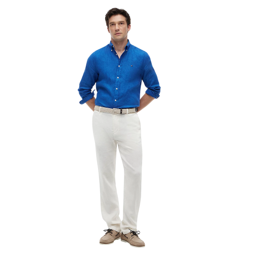 Tommy Hilfiger Pigment Dyed Solid Linen Regular Shirt MW0MW41530-C4U Ανδρικό Πουκάμισο Μπλε Λινό