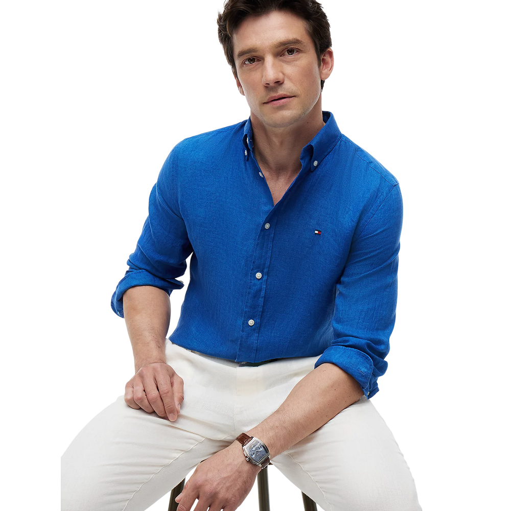 TOMMY HILFIGER</br>Tommy Hilfiger Pigment Dyed Solid Linen Regular Shirt MW0MW41530-C4U Ανδρικό Πουκάμισο Μπλε Λινό