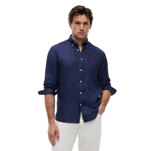 Tommy Hilfiger Pigment Dyed Solid Linen Regular Shirt MW0MW41530-DCC Ανδρικό Πουκάμισο Μπλε Λινό