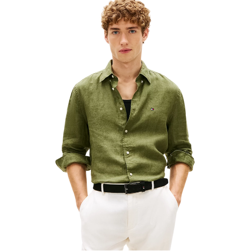 Tommy Hilfiger Pigment Dyed Solid Linen Regular Shirt MW0MW41530-MSX Ανδρικό Πουκάμισο Χακί Λινό