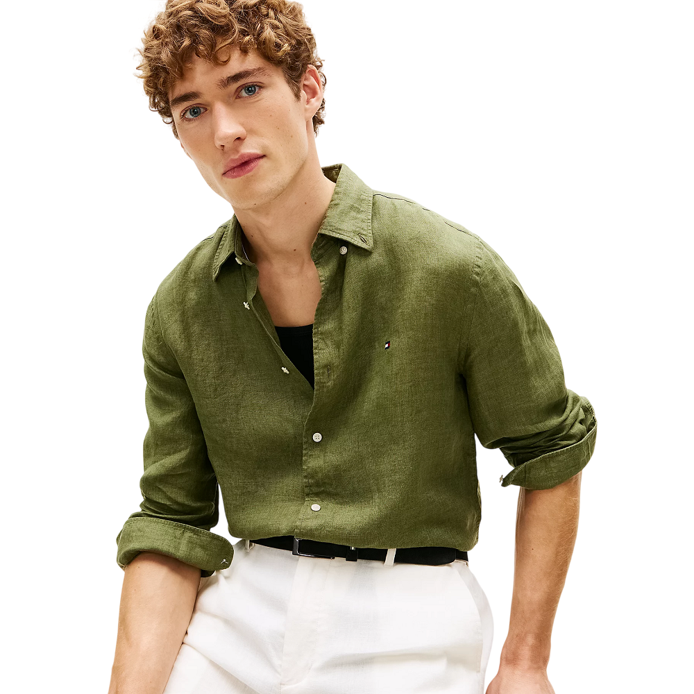 TOMMY HILFIGER</br>Tommy Hilfiger Pigment Dyed Solid Linen Regular Shirt MW0MW41530-MSX Ανδρικό Πουκάμισο Χακί Λινό