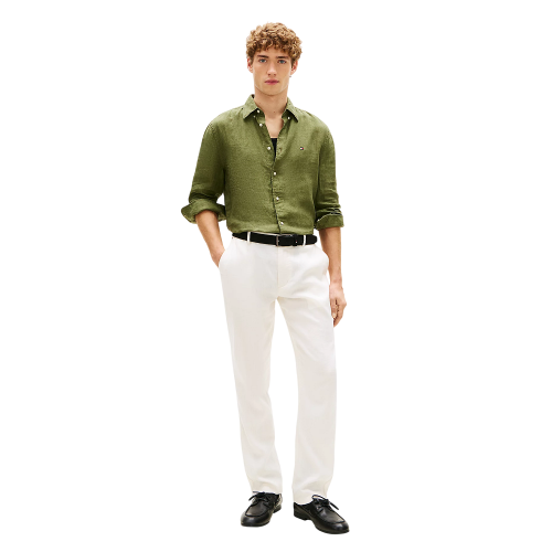 Tommy Hilfiger Pigment Dyed Solid Linen Regular Shirt MW0MW41530-MSX Ανδρικό Πουκάμισο Χακί Λινό