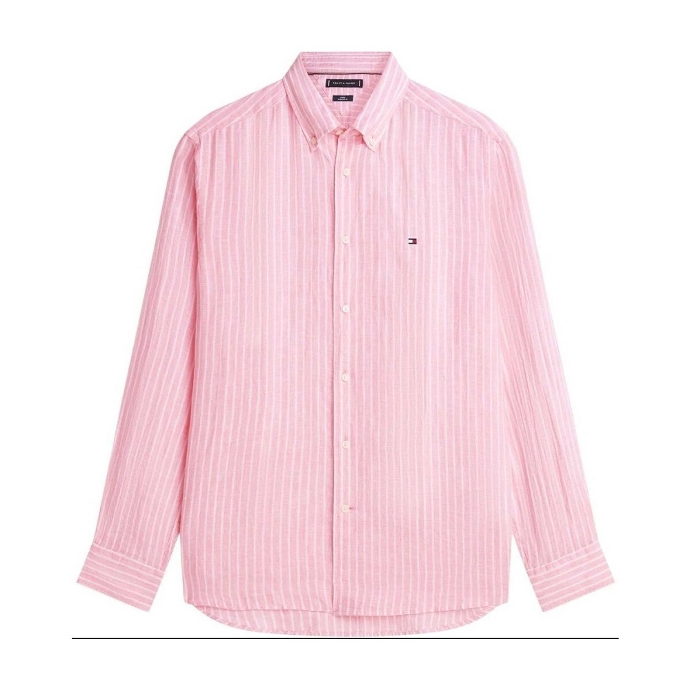 TOMMY HILFIGER</br>Tommy Hilfiger Linen Bengal Stripe Regular Shirt MW0MW42400-0D1 Ανδρικό Πουκάμισο Ροζ/Λευκό Ριγέ Λινό