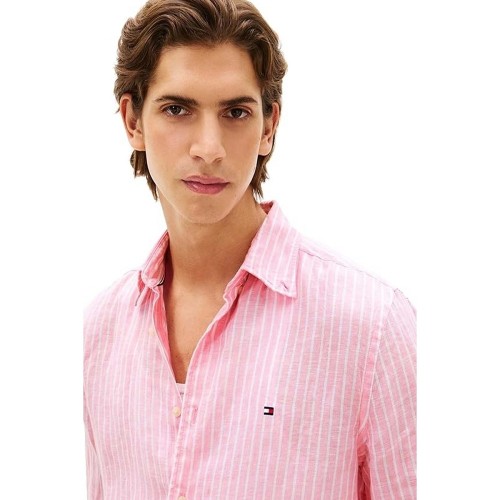 Tommy Hilfiger Linen Bengal Stripe Regular Shirt MW0MW42400-0D1 Ανδρικό Πουκάμισο Ροζ/Λευκό Ριγέ Λινό