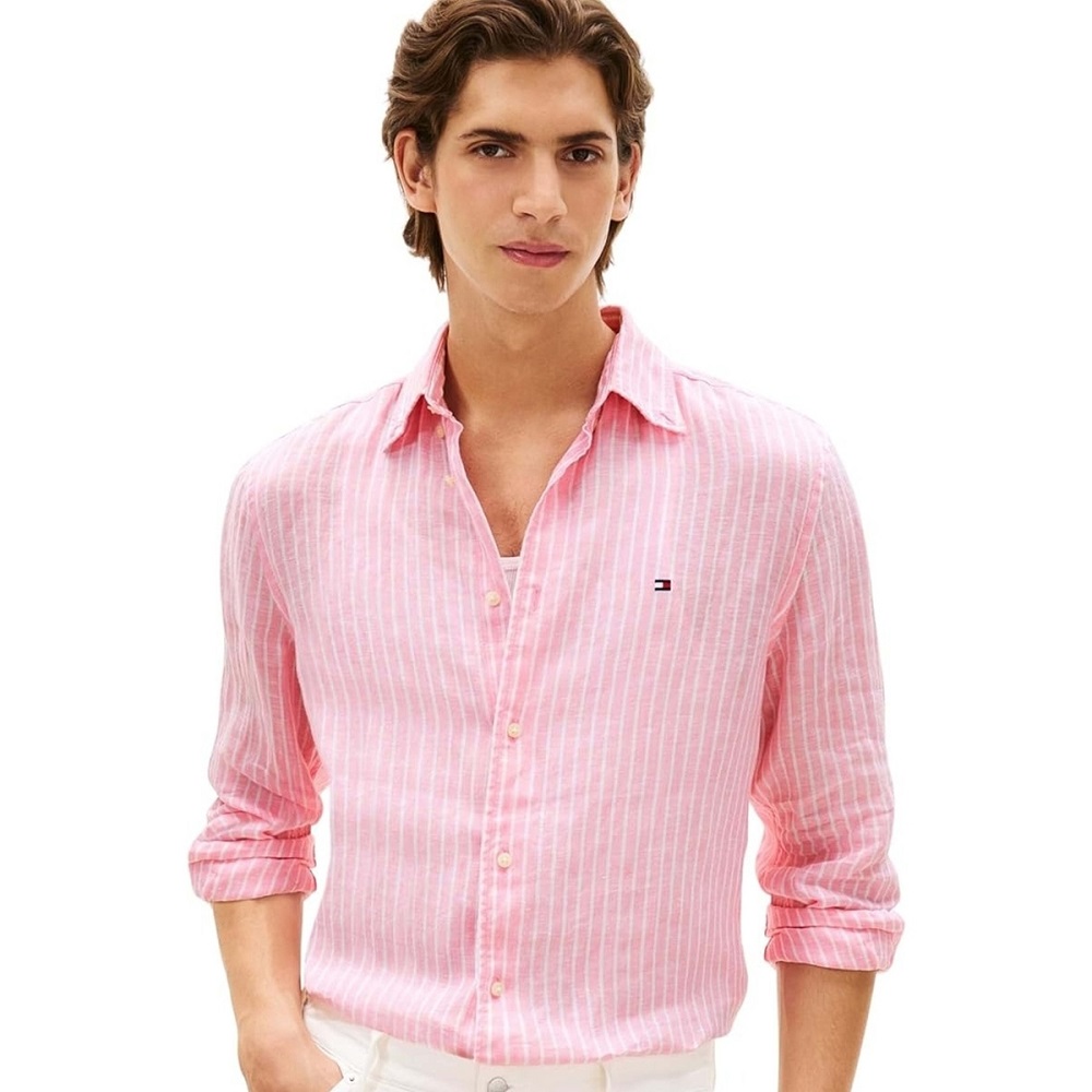 TOMMY HILFIGER</br>Tommy Hilfiger Linen Bengal Stripe Regular Shirt MW0MW42400-0D1 Ανδρικό Πουκάμισο Ροζ/Λευκό Ριγέ Λινό