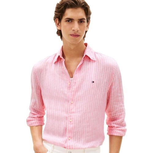 Tommy Hilfiger Linen Bengal Stripe Regular Shirt MW0MW42400-0D1 Ανδρικό Πουκάμισο Ροζ/Λευκό Ριγέ Λινό