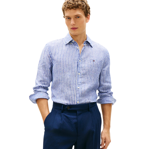 Tommy Hilfiger Linen Bengal Stripe Regular Shirt MW0MW42400-0A4 Ανδρικό Πουκάμισο Μπλε/Λευκό Ριγέ Λινό