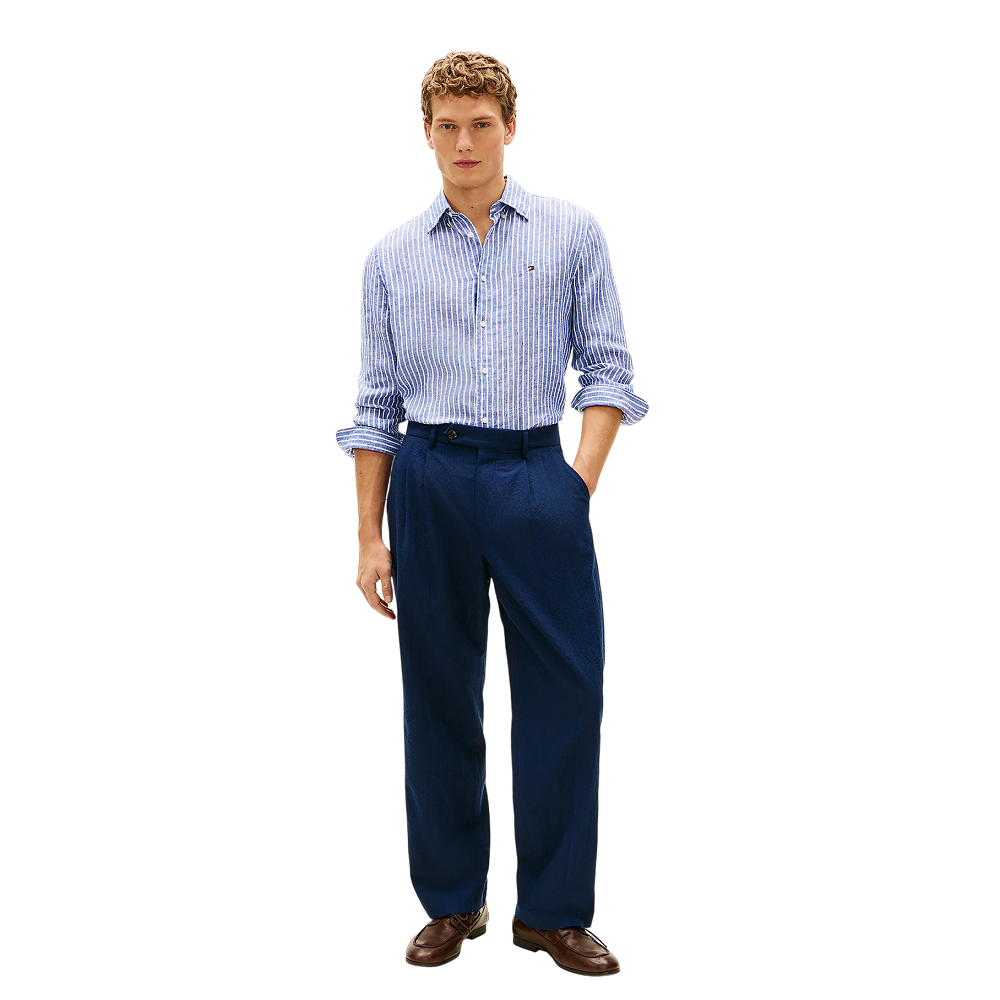 TOMMY HILFIGER</br>Tommy Hilfiger Linen Bengal Stripe Regular Shirt MW0MW42400-0A4 Ανδρικό Πουκάμισο Μπλε/Λευκό Ριγέ Λινό