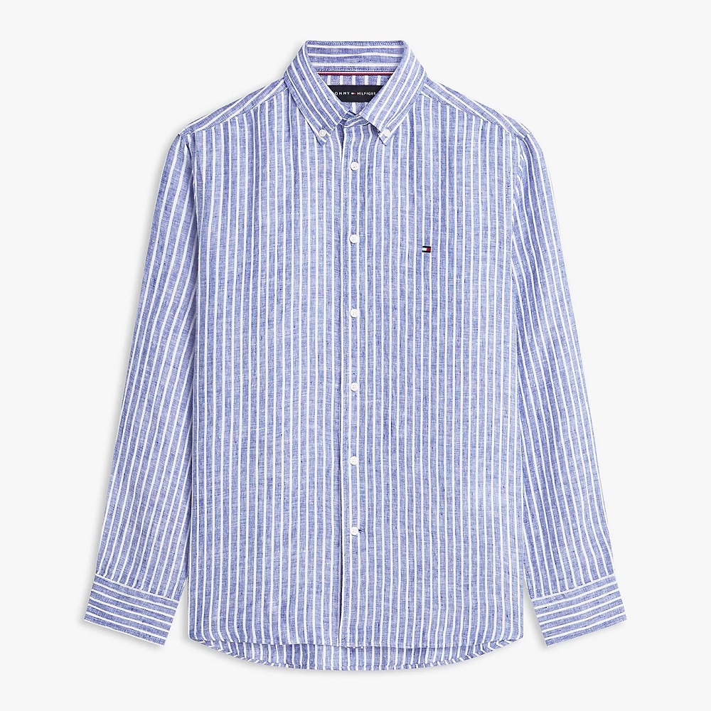 TOMMY HILFIGER</br>Tommy Hilfiger Linen Bengal Stripe Regular Shirt MW0MW42400-0A4 Ανδρικό Πουκάμισο Μπλε/Λευκό Ριγέ Λινό