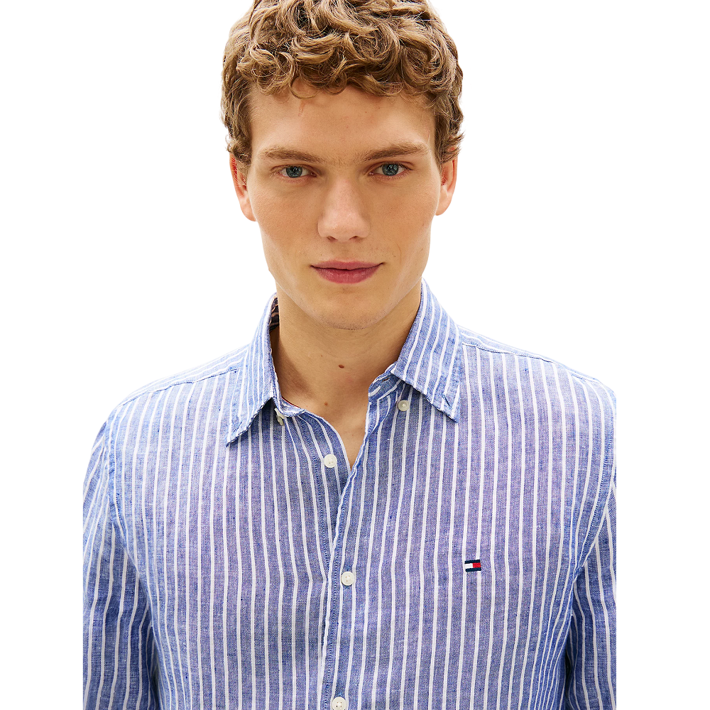 TOMMY HILFIGER</br>Tommy Hilfiger Linen Bengal Stripe Regular Shirt MW0MW42400-0A4 Ανδρικό Πουκάμισο Μπλε/Λευκό Ριγέ Λινό